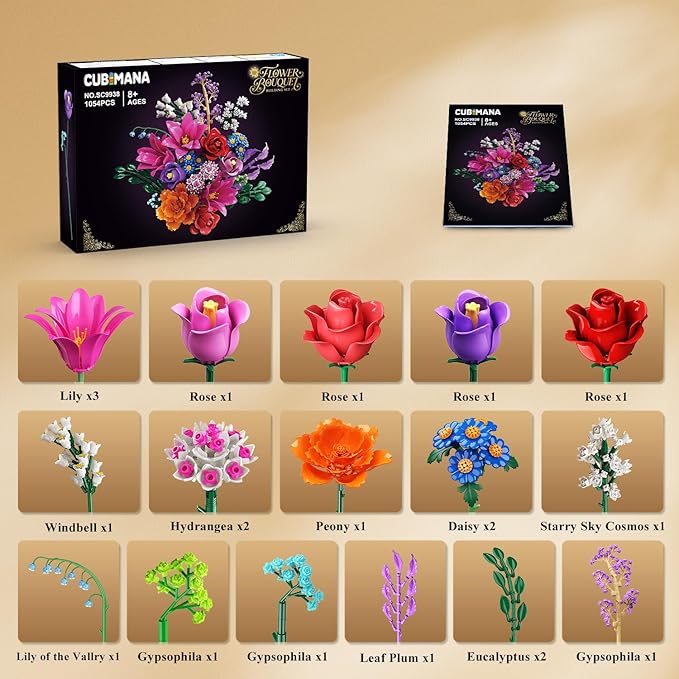Flowers Bouquet Building Set with LED Light 21 Flower Botanical Collection Block Toy Rose Home Plant Decor 1054PCS for Her Adults Women Mom Kids Girls 12+ (RED)