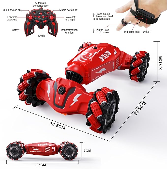 Upgraded Hand Gesture Sensing RC Stunt Car with Lights Music Spray Drift Hand Gesture RC Car 360° Spins All Terrains Hand Controlled Truck Toys for 6 7 8 9 10 Year Old Boys