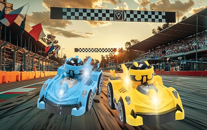 LEXiBOOK Crosslander® RC Bumper Set of 2 Radio-Controlled Racer Bumper Cars up to 12 km/h (7mph) 2 Removable Characters Sound and Light Effects Yellow/Blue RC2