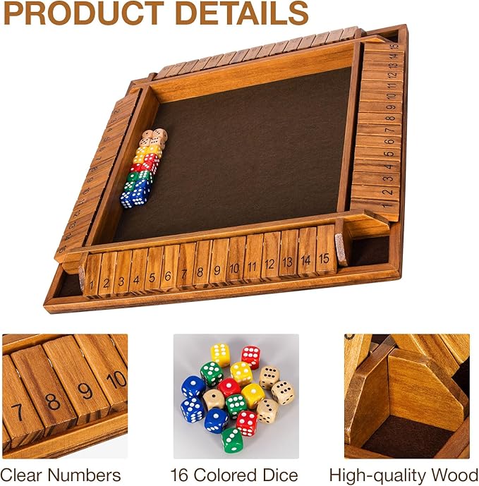 Upgraded 16.54’’ Shut The Box Dice Game with 15 Numbers for 1-4 Players Large Wooden Board Math Game 16 Dices Tabletop Games Kids Adults Family Party Birthday