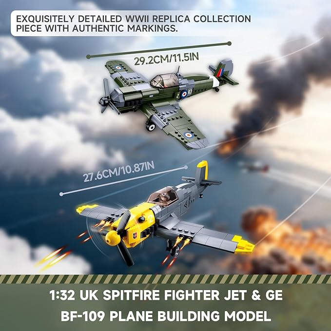 Sosuy WW2 Building Block Military Plane-Sets for Boys Men 1:32 Movable UK Spitfire &amp GE BF-109 Army Toys for Kids Ages 8+Spinning Propeller Pilots History Birthday Gifts for Teen Girls 580+ Piec