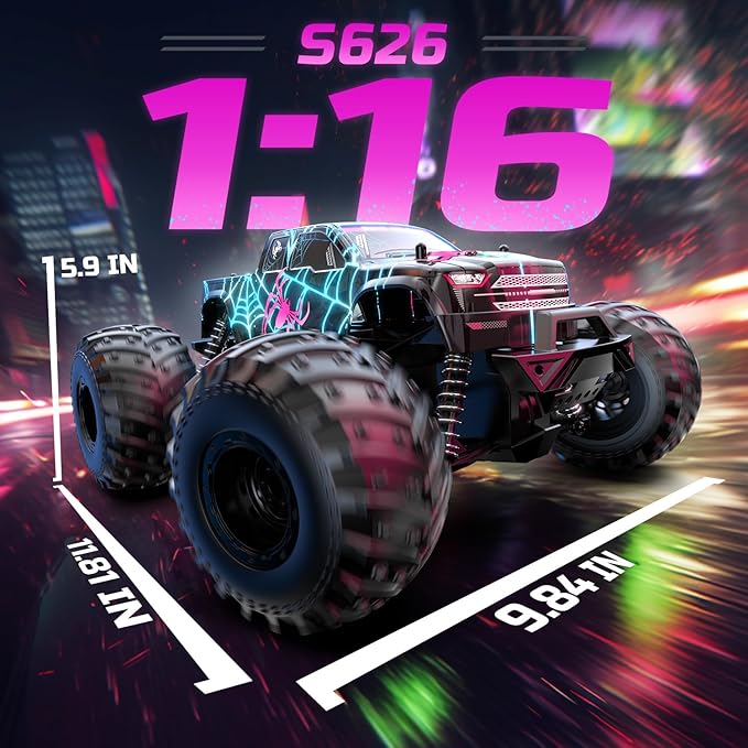 DEERC 1/16 Glowing Spider Remote Control Car - Fast RC Cars W/2 Rechargeable Batteries for 40 Min Play All Terrain Off-Road Monster Truck Toys for Boys Kids Age 4-7 8-12 Birthday Xmas Gift