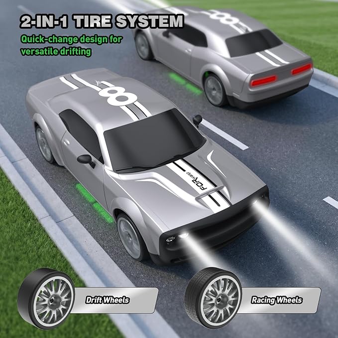 RC Drift Car Remote Control Car 2.4GHz 1:20 Scale 4WD 20KM/H High Speed Remote Control Cars Vehicle with LED Lights Drifting Tire 2Pcs Rechargeable Batteries Toy Cars for Adults Boys Girls (Silver)