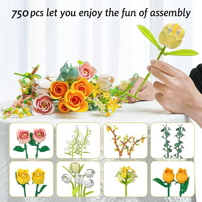 Tulip Rose Flowers Bouquet Building Set - Valentines Gifts Compatible with Lego Flowers Botanical Collection - Christmas Mother's Day &amp Valentine's Gifts for Women &amp Girls Home Decor