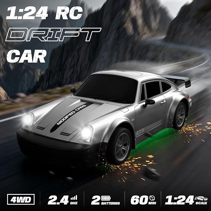 RC Drift Car 1:24 Scale Remote Control Car with LED Lights 20KM/H 4WD High Speed RC Cars Racing and Drifting Dual-Mode Toy Car Idea Gift for Adults and Kids Silver