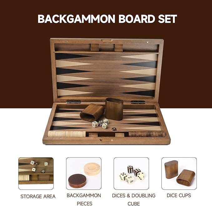 GSE Games &amp Sports Expert Premium Wooden Folding Inlay Backgammon Board Set Classic Traditional Strategy Board Games (Double Stripe- 17 Inches)