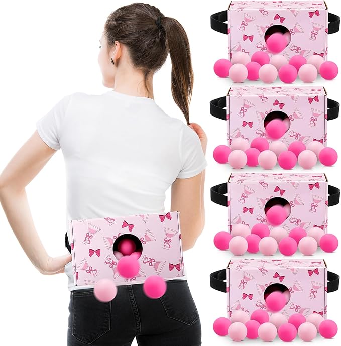 Yaomiao 4 Pack Bachelorette Party Shaking Swing Balls Game Set Includes 4 Set Strap Shake Box and 80 Balls for Birthday Bachelorette Bridal Shower Table Tennis Game(Pink BowPink)