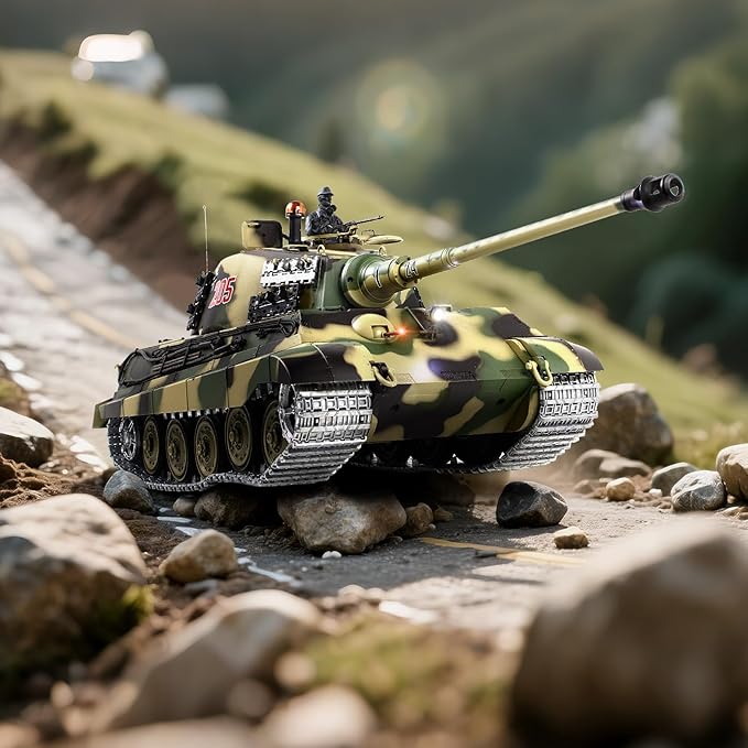 1/16 RC Tank Heng Long German King Tiger model Army Toy with Smoke Sound Light 2.4G Remote Control Tank That Shoot with Upgraded Metal Track Idler and Sprocket Wheel Steel Gearbox Two Batteries