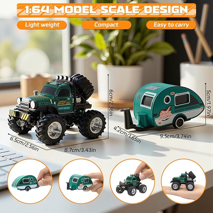 Snugzy Kids Mini RC Car 1:64 Scale RC Truck with Trailer 2.4Ghz Remote Control Rechargeable RC Cars Toy Gifts for Boys Girls (Green)