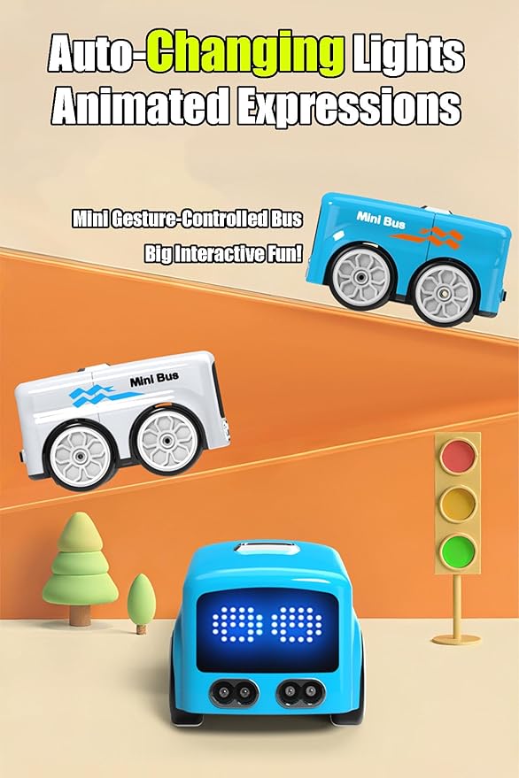 (2PCS) Magic Mini Bus Follows Line Car Inductive Mini Interactive Cars Follows The Line Intelligent Line Tracking System with Dynamic LED Expressions Educational STEM (1+1)