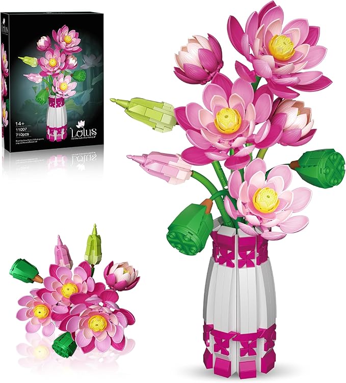 Lotus Building Set Flowers Bouquet with Vase Compatible with Lego Botanical Collection Pink for Women Adults 14 Years &amp Up Home Office Decor