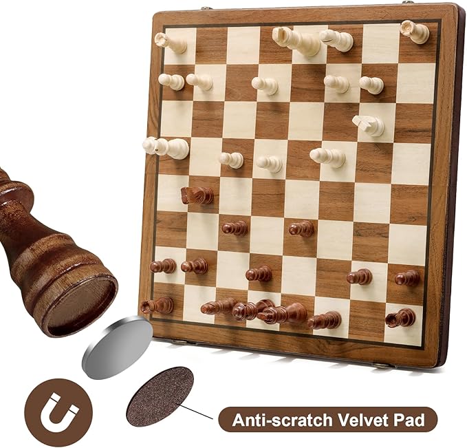 Magnetic Wooden Chess Set 2 Extra Queens 15'' Folding Portable Travel Chessboard with Chess Pieces Storage Slots for Professional Tournament Beginner Adults Kids 6 up Age DUR-001