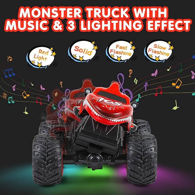 DYODYORC Remote Control Car 2.4Ghz All Terrain Shark Monster Truck Toys RC Truck with Music 3 Lighting Effects 360 Stunt Capable 2 Batteries Ready to Run Toy Gifts for Boys and Girls (Red)
