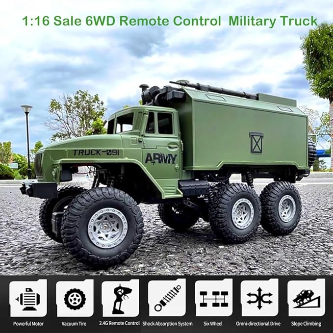 GoolRC RC Military Truck 1:16 Scale 6WD Remote Control Car Off-Road RC Truck with LED Light and 2 Batteries All Terrain Army Transport Vehicle for Adults