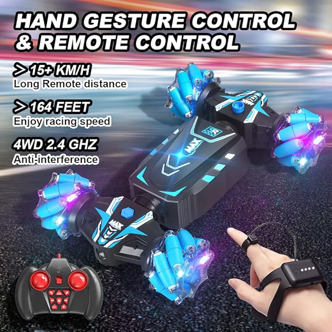 Axirata Remote Control Car Hand Controlled Gesture RC Stunt Car with Spray &amp Lights &amp Music for Kids 6-13 Year Old 4WD 2.4GHz Off-Road 360° Rotation Toy Car Gift for Boys Girls