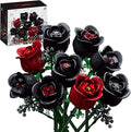 ENJBRICK 12 Pack Gothic Black Roses Building Set Compatible with Lego Red &amp Black Flower Bouquet with Baby's Breath Unique Romantic Gifts for Women Aesthetic Home Decor