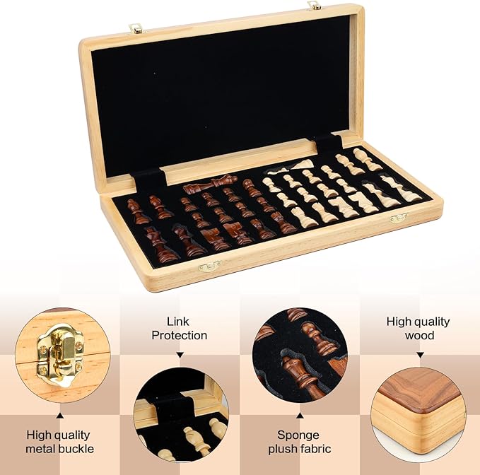 15 Inch Magnetic Wooden Chess Game Set Classic Folding Board Games with Felted Game Board Interior for Storage 2 Extra Queens Pieces Storage Slots