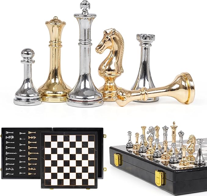 Metal Chess Set for Adults &amp Kids Zinc Alloy Chess Pieces with Marbled Chess Board 11.5 Inch Travel Chess Set with Two Extra Queens Classic Strategy Board Game for Beginners Professionals