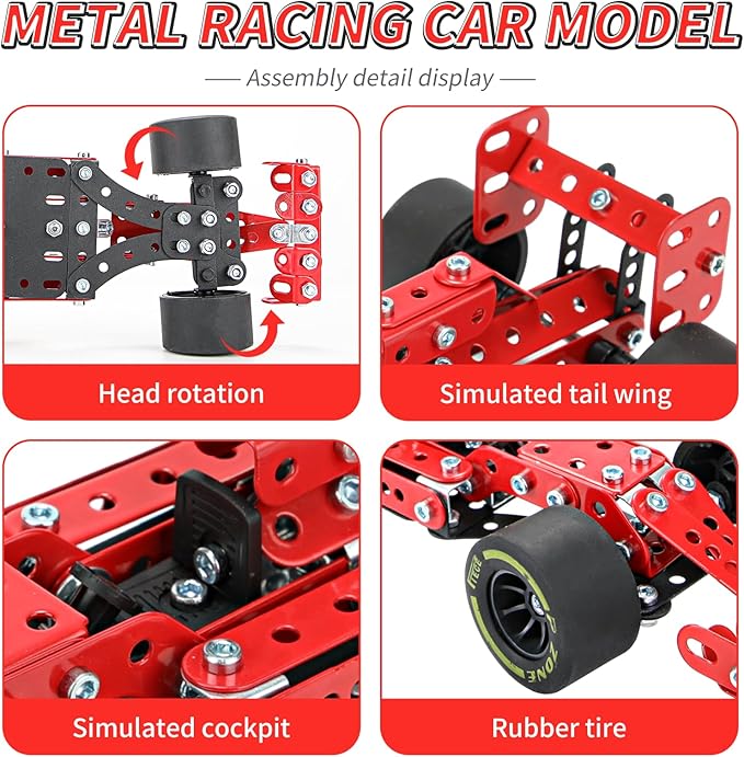 BESTYMXY Building Kit Car Model 1:20 Scale Race Car Metal Model STEM Project Building Assembly Toy Set STEM Projects Toys for Boys 8-12 Red Vehicle DIY Assembly Metal Model