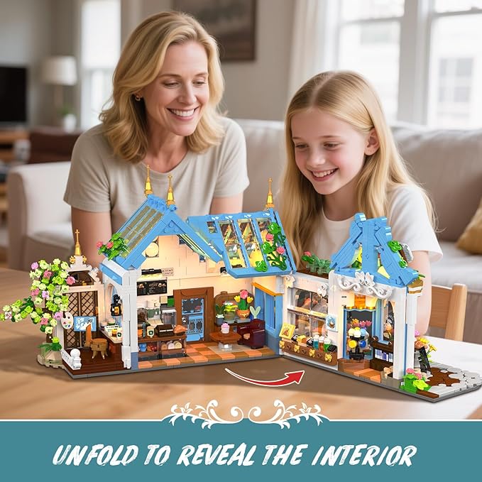 Flower Café House Building Set with LED 1520 PCS Botanical Coffee Architecture with Openable Design Floral Bakery Construction Model for Home Decor Gift for Adults Women Teens Girl Boy 12+