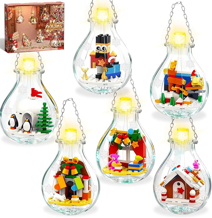 6 Pack Christmas Tree Bulb Ornament with Light Building Set Including Gingerbread House Penguin House Christmas House Fireplace Nutcracker Reindeer Stocking Stuffer Toy Gifts for Kids.(405PCS)