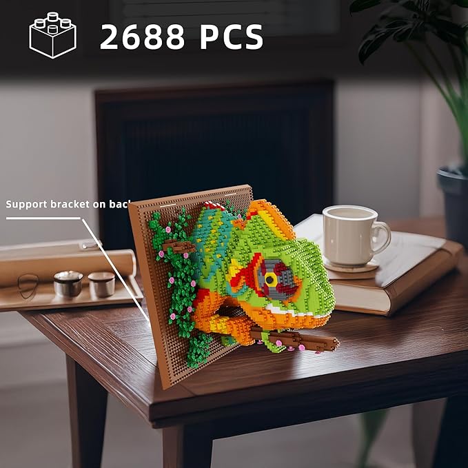 3D Wall Art Chameleon Mini Building Blocks Set - Cute Animal Mural Micro Building Block Bricks Craft Kit Creative Ideals Toy for Kid Adult Collectible Architecture Decoration Party Favor 2688PCS
