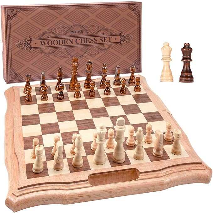 AMEROUS 15.6 inches Magnetic Wooden Chess Set Handheld Style Chess Board Game Sets with Game Pieces Storage Slots - 2 Extra Queens - Gift Package Chess for Beginner Kids and Adults