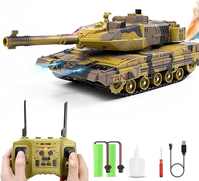 RC Tank - 2.4Ghz Remote Control Army Tank Toys with Auto Demo Sound Light Smoke - 13 Channel Military Vehicles Model Gift for Kids Adults Boys Age 6-8 9-12 Army Beige
