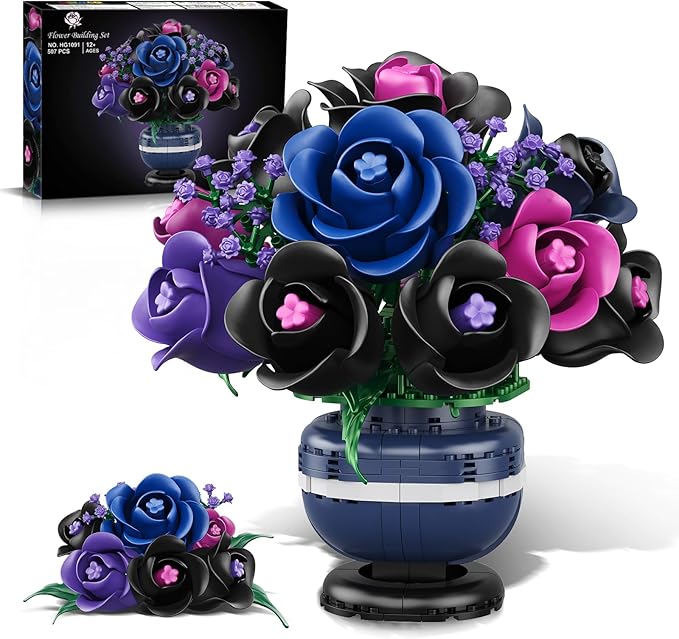 Flowers Botanicals Building Set - Artificial Purple Black Rose Bonsai Plant for Home Decor 507PCS Artificial Flowers Building Set Indoor Gothic Decoration Easter Birthday Gifts for Adults