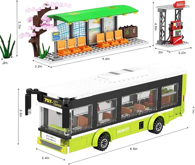 General Jim's City Bus Building Blocks Set - 415-Piece Urban Playset with Functional Doors Removable Top and Bus Stop - Compatible with Major Brick Building Brands