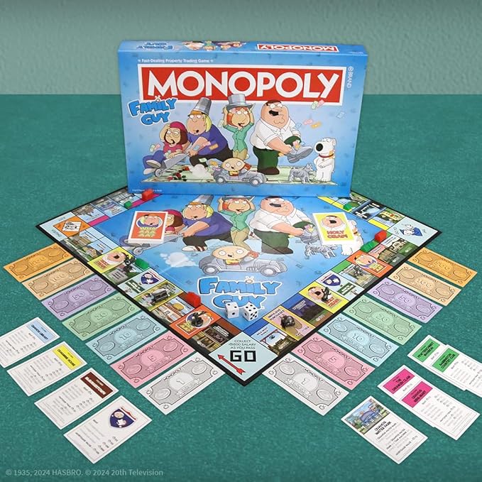 Monopoly: Family Guy Board Game Featuring Banana Brian Giant Chicken Rupert and More Buy Sell Trade Quahog’s Locations from McBurgertown to Wild West Ranch Officially Licensed Family Guy Game