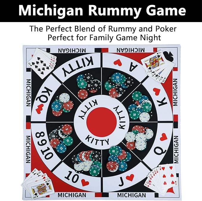 Michigan Rummy Board Game Set Tripoley Game Felt Mat Foldable Family Original Combination of Joker RummyHearts and Poker Includes 2 Decks of Cards and 200 Numbered Poker Chips