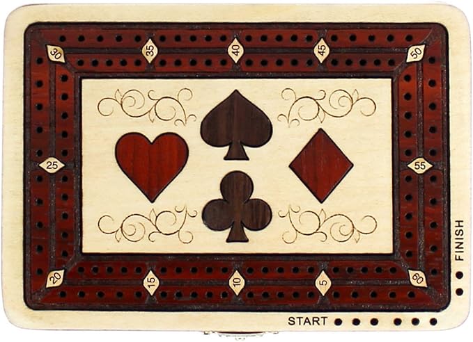 House of Cribbage - 2 Track - Wooden Cribbage Board / Box - Inlaid in Maple Wood / Bloodwood - Storage for Pegs &amp One Deck of Cards - 60 Points - Non Continuous (Maple Wood / Bloodwood)