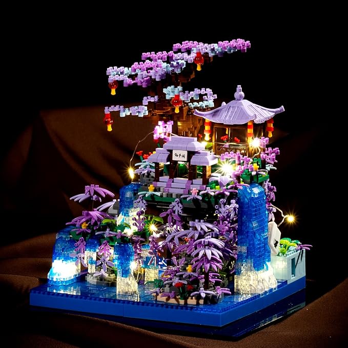Peach Blossom Pond Building Blocks SetBuilding Blocks Set Gifts for Adults and Kids Micro Bricks Cherry Blossom Tree House Kit with LED Light and Display Box（2500+Pieces）