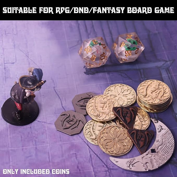 Byhoo 145 PCS Metal DND Coins &amp Leather Bag Contains 60 Gold Coins 40 Sliver Coins 40 Copper Coins and 5 Platinum Coins Tokens with Glow in The Night Eyes Bag for RPG Tablelap Games