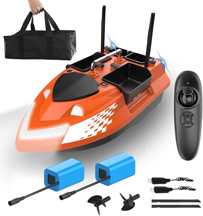 RC Bait Boat for Fishing with 4 Bait Containers 1640FT Remote Range Line Drop Cruise Control Dual 5200mAh Batteries LED Lights Hook Release &amp Carry Bag (Orange)