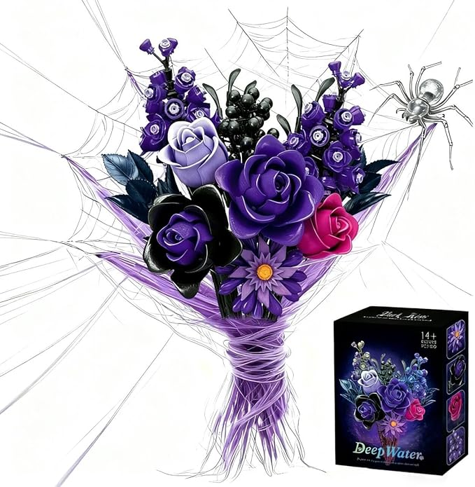 Purple Roses Bouquet Building Set 882PCS Compatible with Lego Artificial Flower Everlasting Gothic Roses for Home Décor Gift for Halloween Romantic Valentine’s Day Mother’s Day Anniversary