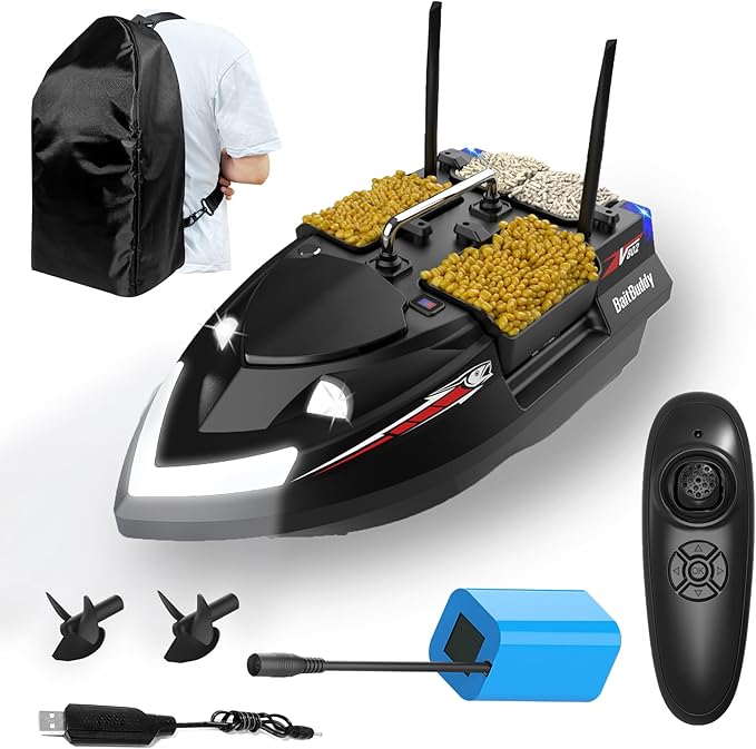 RC Bait Boat with Line Drop for Adult Cruise Control 4 Bait Slot 6.6LBS Loading 12000mAh Battery and Motors 1640FT Range Remote Control Fish Boat with LED Light Hook Release &amp Backpack(Black)