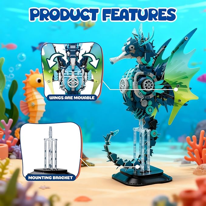 Mechanical Seahorse Building Set Steampunk Ocean Animal Model Kit Articulated Sea Creature Construction Toy Gift for Marine Life Enthusiasts for Adults Teens 1003 Pieces