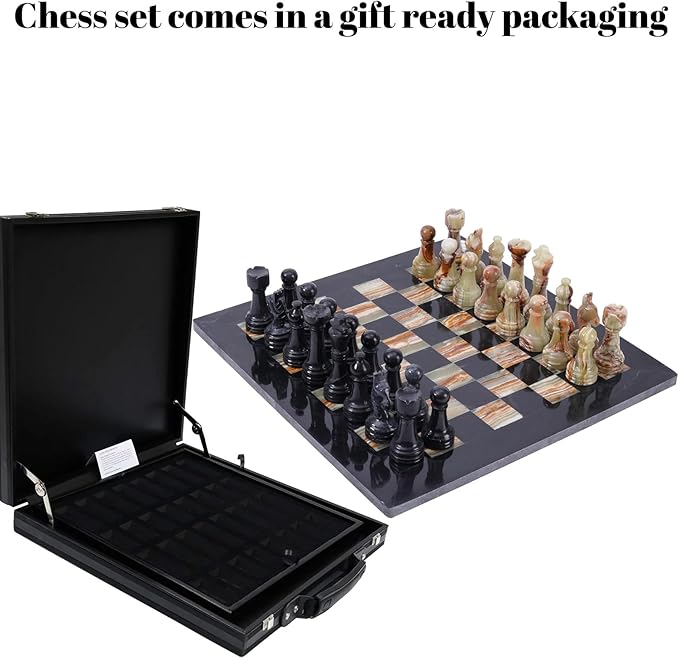 Marble Chess Set Handmade Onyx Full Chess Game Set.Comes in Rexine Box Packaging. Perfect for Gifting (Black Multigreen)