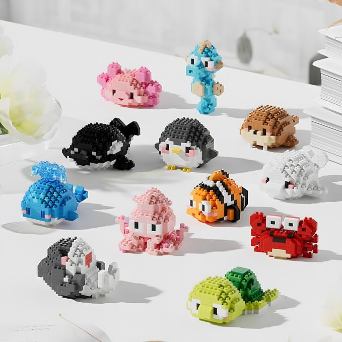 Small Toy GiftParty Favors for Kids12 Boxes Marine Animals Micro Mini Building Blocks Set Birthday Gift for Kids Ages 8-16+