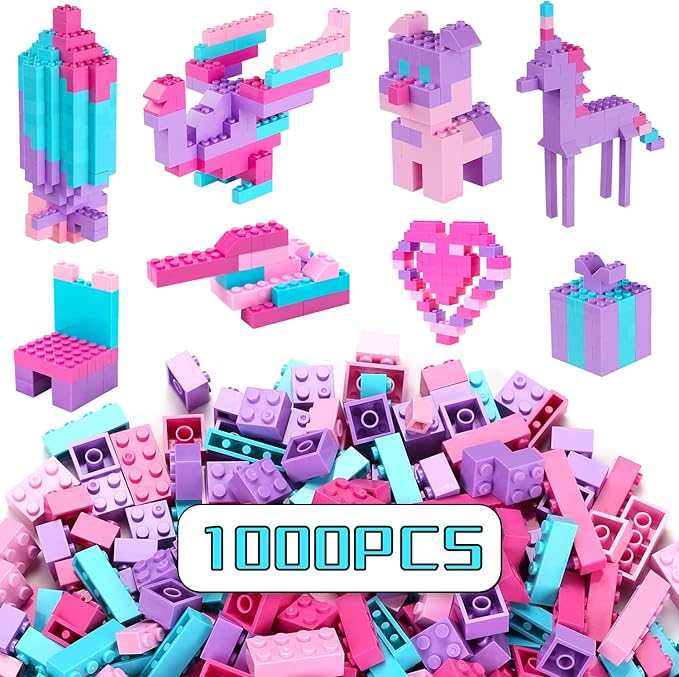 Building Bricks SetClassic Colors Building Blocks ToysCompatible with All Major BrandsBirthday Gift for Kids (Pink-Purple 1000PCS)