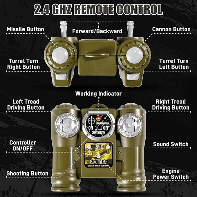 1/24 RC Tank 2.4Ghz Chinese 99 Remote Control Tank &amp 330°Turret Rotation. 2 × Rechargeable Batteries Infrared Battle Toy with Smoke LED Lights and Sound Effect Gift for Boys