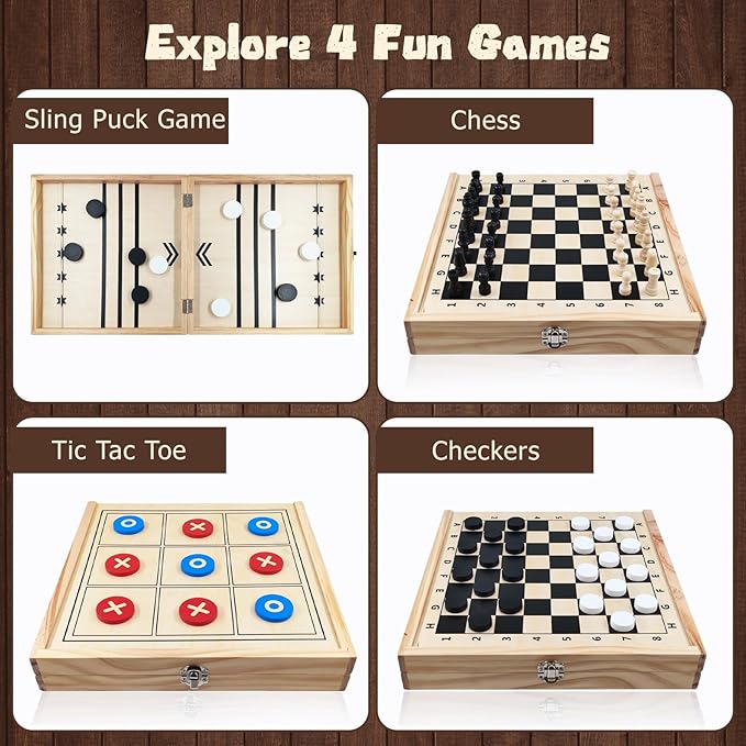 4 in 1 Wooden Fodable Fast Sling Puck Game Set – Chess Tic Tac Toe Checkers Board Game for Kids &amp Adults Portable Tabletop Family Toy for Travel &amp Game Night
