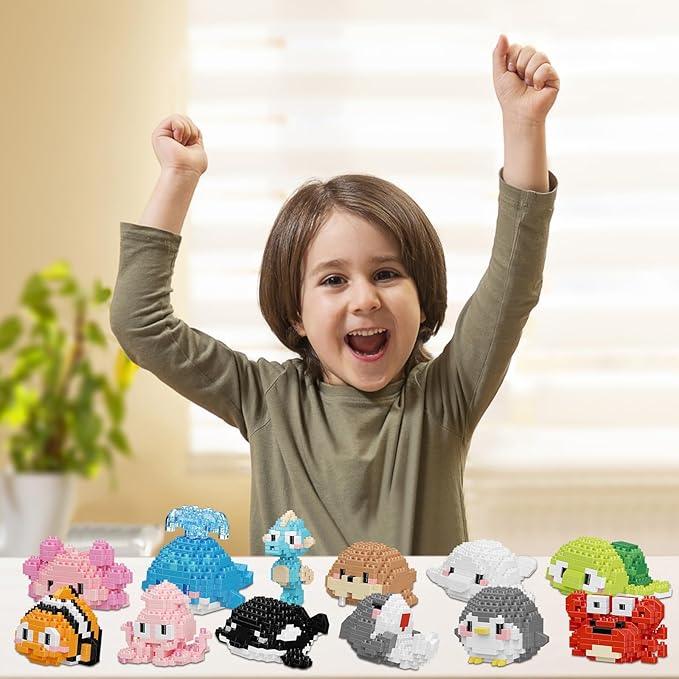 Small Toy GiftParty Favors for Kids12 Boxes Marine Animals Micro Mini Building Blocks Set Birthday Gift for Kids Ages 8-16+