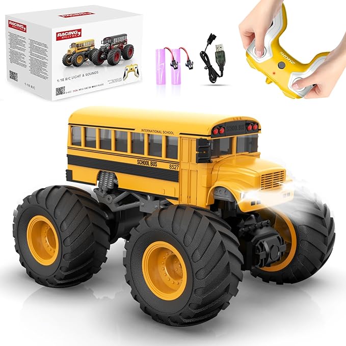 1/18 Remote Control School Bus Toy for Kids 2.4GHz RC Monster Truck Toy with LED Lights &amp Sound Rechargeable Electric Vehicle Gift for Boys Girls