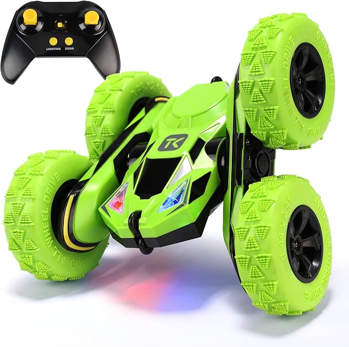 Threeking Remote Control Car RC Flip Stunt Double Sided Driving Cars Toys for Boys Girls Ages 6-12 4WD 360° Flips with Breathing Soft Lights Presents Gifts Green