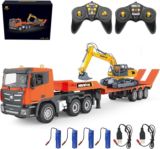 RC Semi Truck &amp RC Excavator Set 1:24 Scale Remote Control Flatbed Truck with Detachable Trailer 2.4GHz RC Semi-Trailer Construction Vehicle with Sound and Light