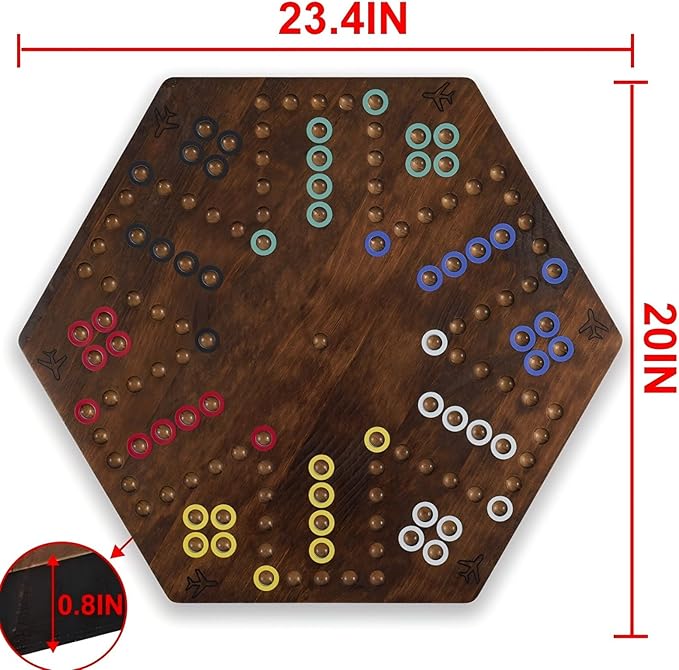 Wahoo Board Game - 23.6 inch Marble Game Board with 24 Glass Marbles and 6 DiceSolid Wood Double-Sided Game Board for 4 or 6 Players - Family and Party Game