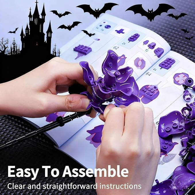 Purple Roses Bouquet Building Set 882PCS Compatible with Lego Artificial Flower Everlasting Gothic Roses for Home Décor Gift for Halloween Romantic Valentine’s Day Mother’s Day Anniversary